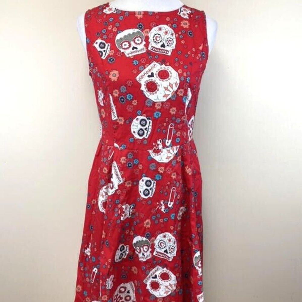 NWT Ninewe L Red Sugar Skull Safety Pin Dress Woven Stretch Halloween